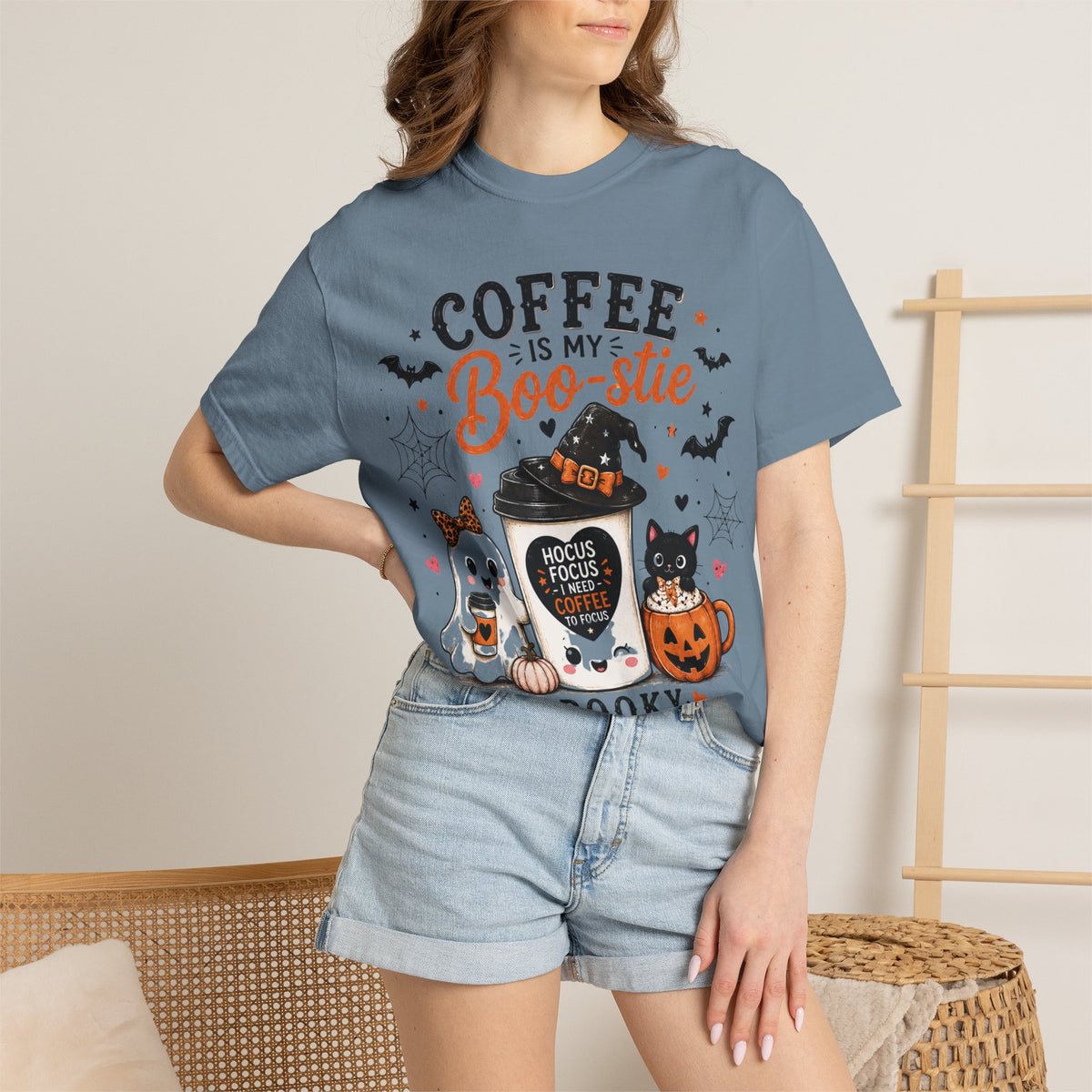Coffee Is My Boo-stie Halloween Tee — Spooky But Caffeinated Cat & Pumpkin Design