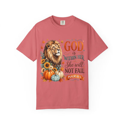 Christian Lion & Fall Pumpkins T-Shirt — "God Is Within Her She Will Not Fail" (Psalm 46:5)