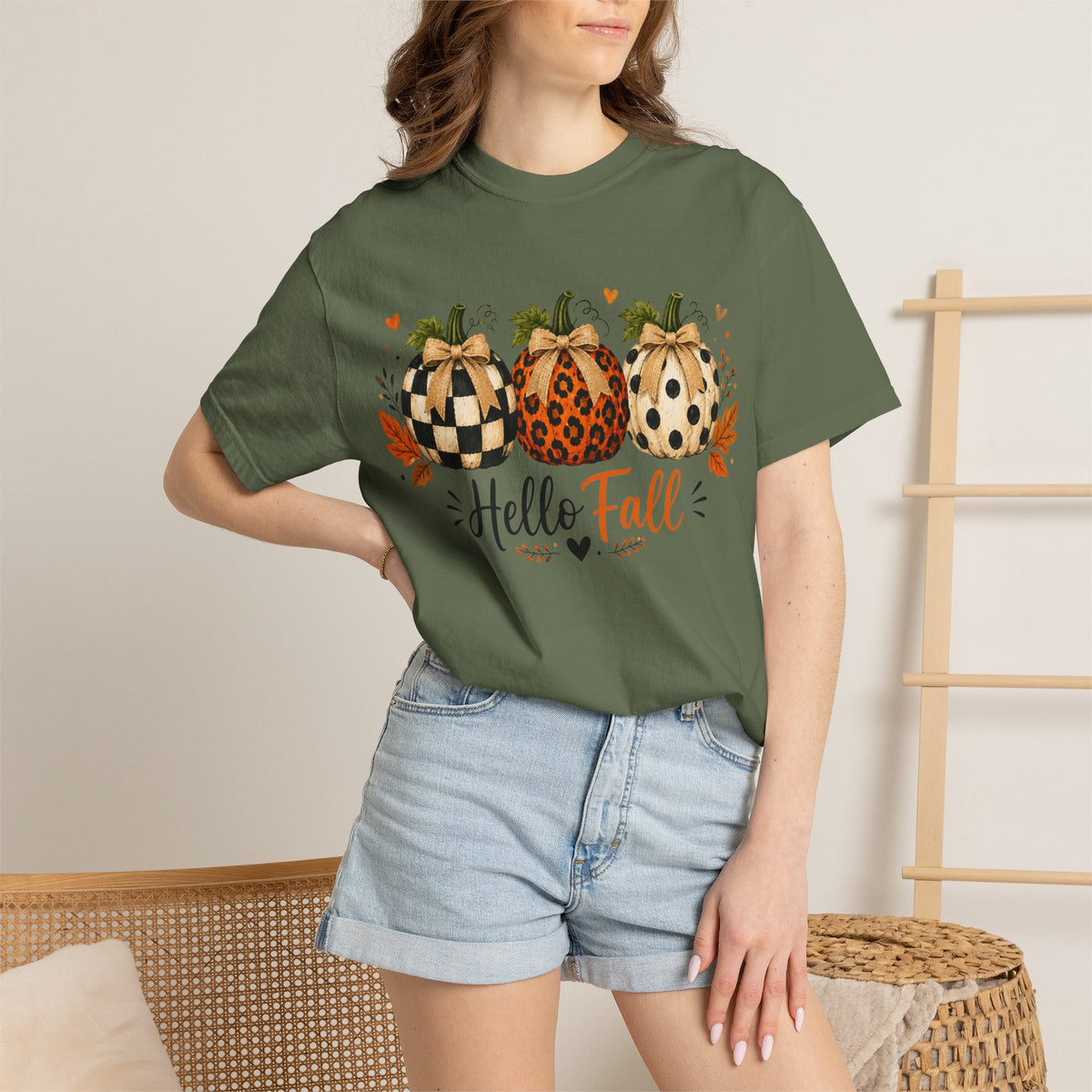 Hello Fall Pumpkin T-Shirt — Rustic Buffalo Check & Leopard Pumpkins, Autumn Graphic Tee