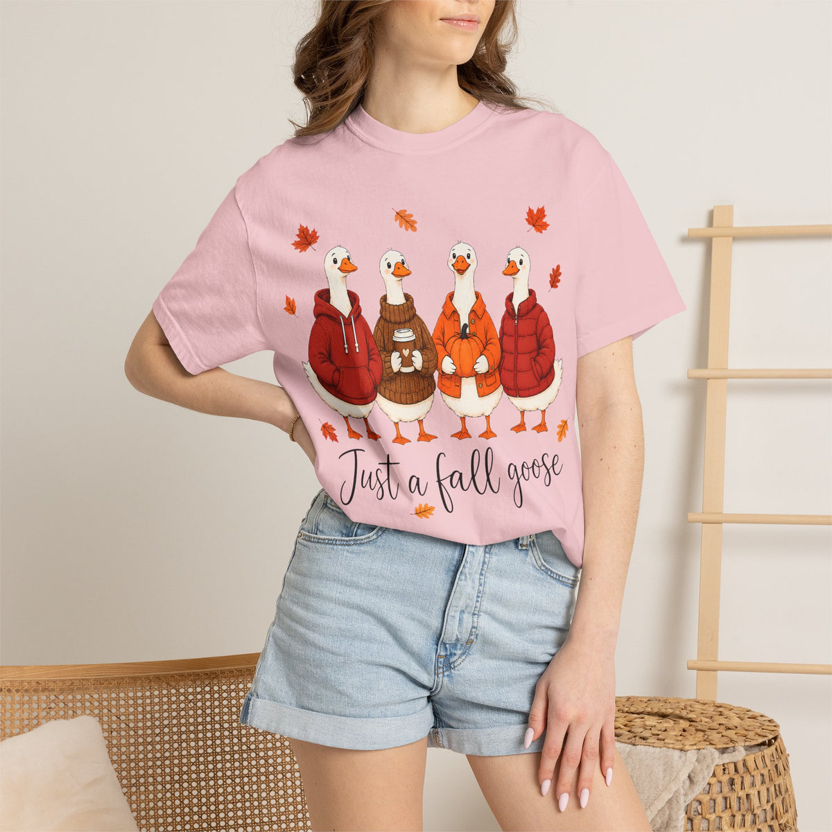Fall Geese Tee – “Just a Fall Goose” Cute Autumn Goose Graphic T-Shirt