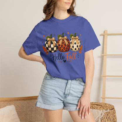 Hello Fall Pumpkin T-Shirt — Rustic Buffalo Check & Leopard Pumpkins, Autumn Graphic Tee