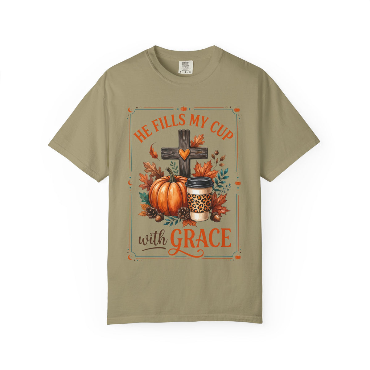 He Fills My Cup With Grace Tee — Christian Fall Pumpkin Cross Coffee Shirt