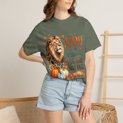 Christian Lion & Fall Pumpkins T-Shirt — "God Is Within Her She Will Not Fail" (Psalm 46:5)