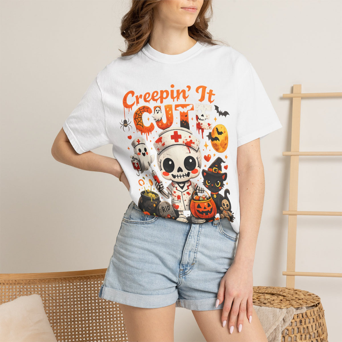 Creepin' It Cute Halloween T-Shirt — Trick or Treat Skeleton & Black Cat Tee