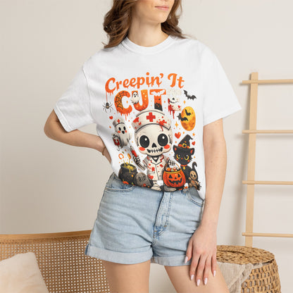 Creepin' It Cute Halloween T-Shirt — Trick or Treat Skeleton & Black Cat Tee