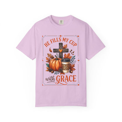 He Fills My Cup With Grace Tee — Christian Fall Pumpkin Cross Coffee Shirt