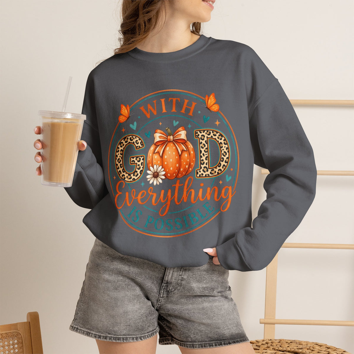 Christian Fall Sweatshirt - "With God Everything Is Possible" Pumpkin Crewneck