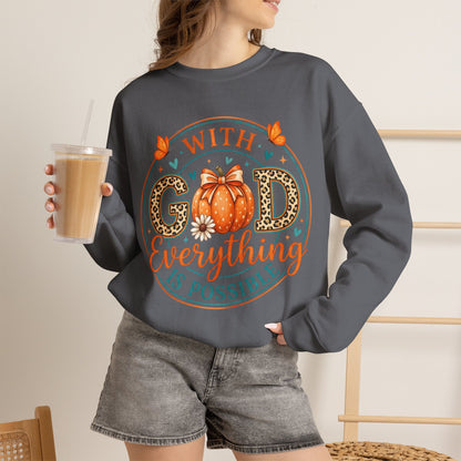 Christian Fall Sweatshirt - "With God Everything Is Possible" Pumpkin Crewneck