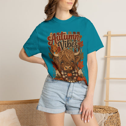 Autumn Vibes Highland Cow T-Shirt — Cute Fall Pumpkin Plaid Tee