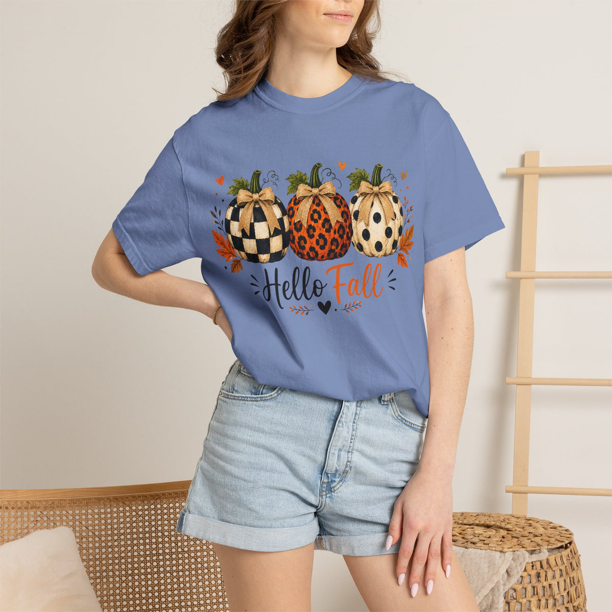 Hello Fall Pumpkin T-Shirt — Rustic Buffalo Check & Leopard Pumpkins, Autumn Graphic Tee