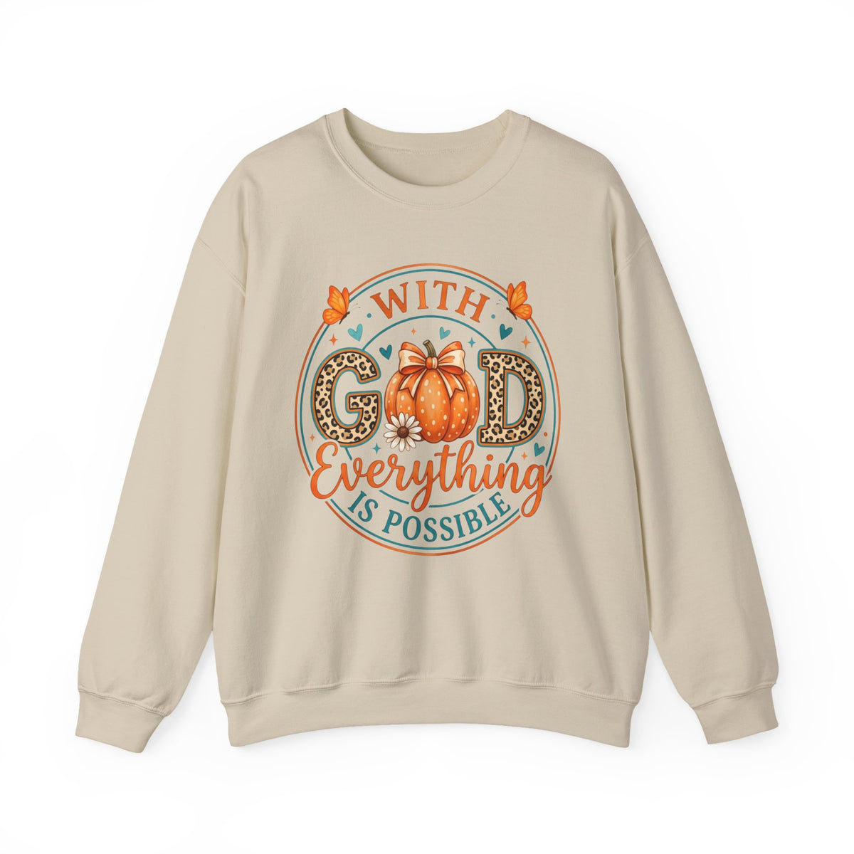 Christian Fall Sweatshirt - "With God Everything Is Possible" Pumpkin Crewneck