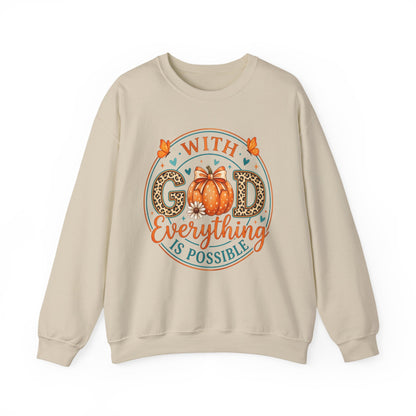 Christian Fall Sweatshirt - "With God Everything Is Possible" Pumpkin Crewneck