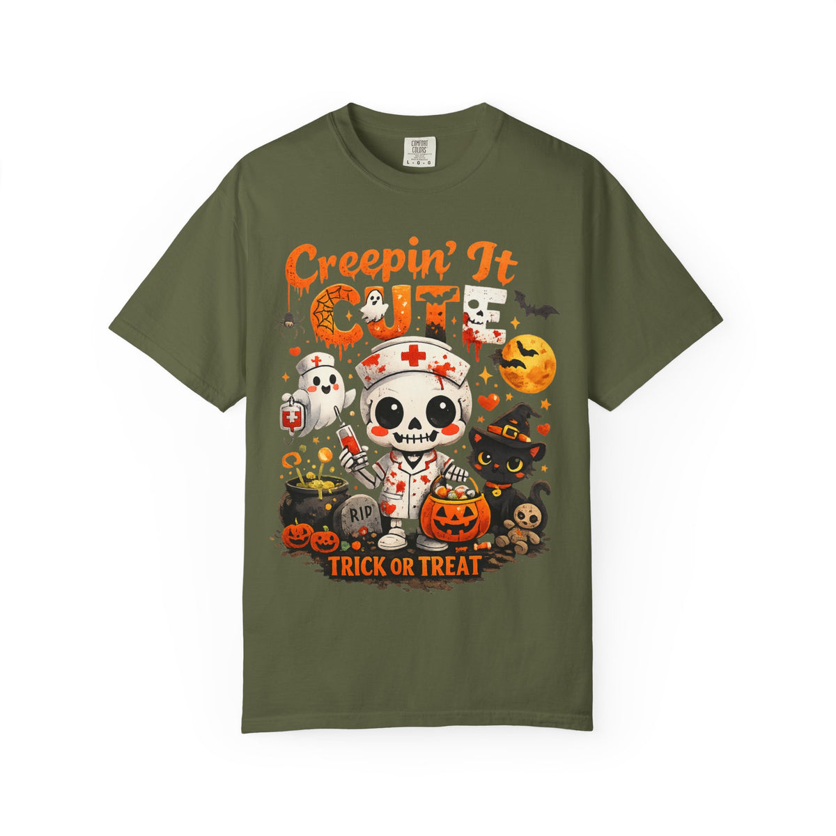 Creepin' It Cute Halloween T-Shirt — Trick or Treat Skeleton & Black Cat Tee