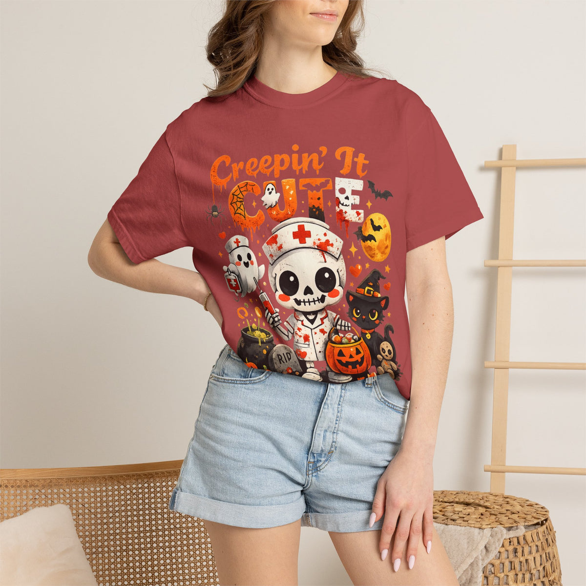 Creepin' It Cute Halloween T-Shirt — Trick or Treat Skeleton & Black Cat Tee