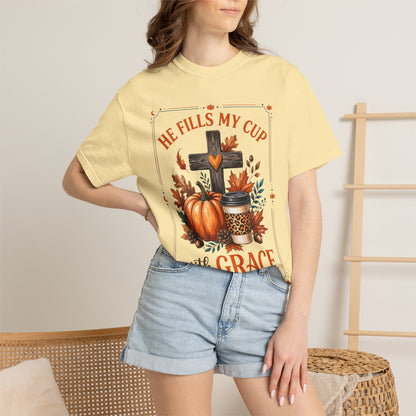 He Fills My Cup With Grace Tee — Christian Fall Pumpkin Cross Coffee Shirt