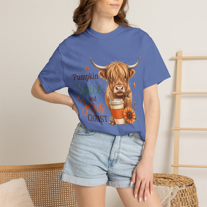 Pumpkin Spice and Jesus T-Shirt — Fall Cow Coffee Graphic Tee