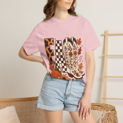 Fall Cowboy Boots T-Shirt — Pumpkin, Leaves & Floral Autumn Graphic Tee