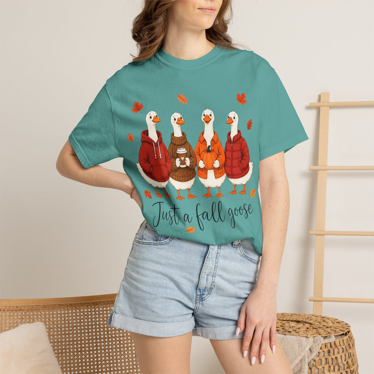 Fall Geese Tee – “Just a Fall Goose” Cute Autumn Goose Graphic T-Shirt