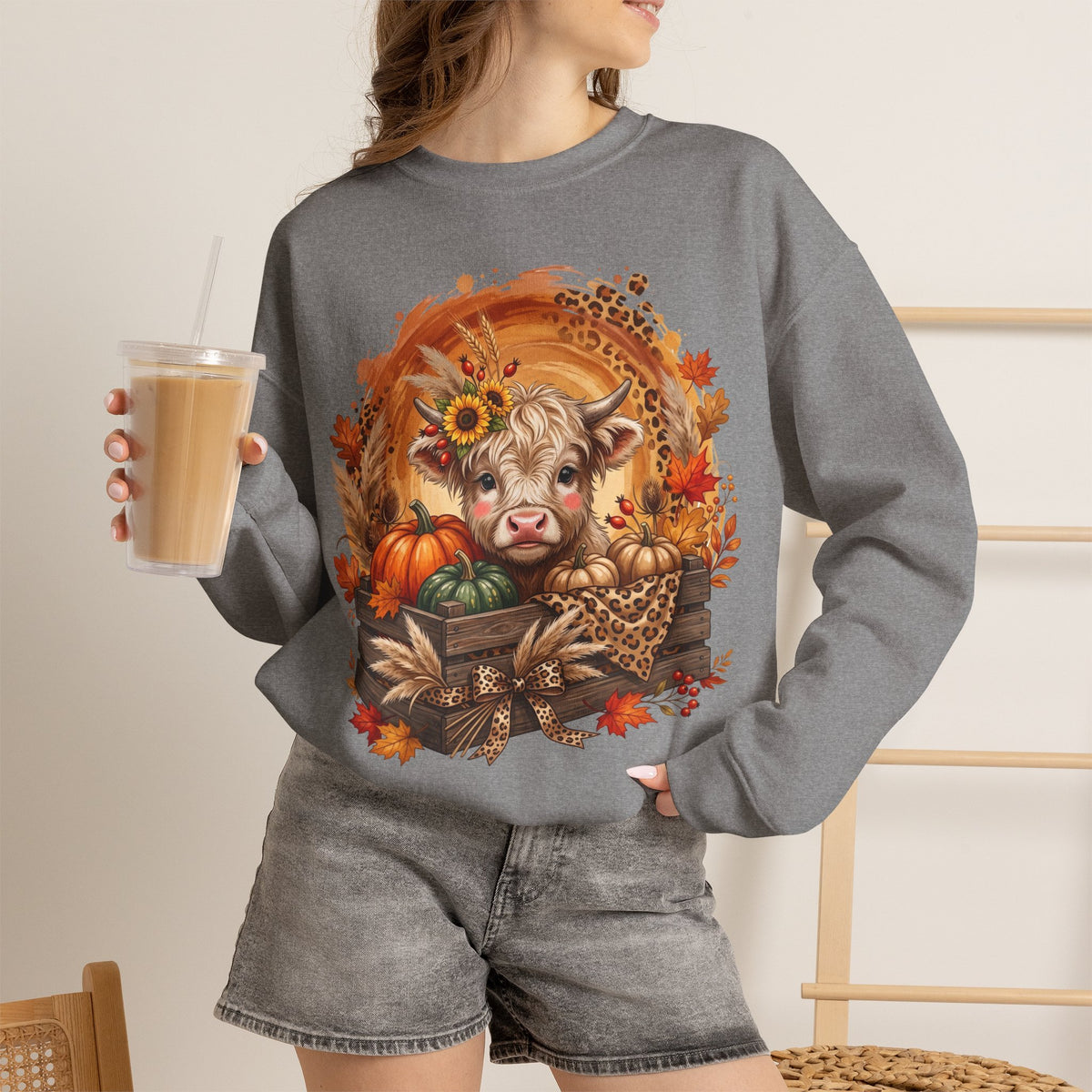 Fall Cow Crewneck Sweatshirt — Autumn Harvest Pumpkins & Sunflower Graphic