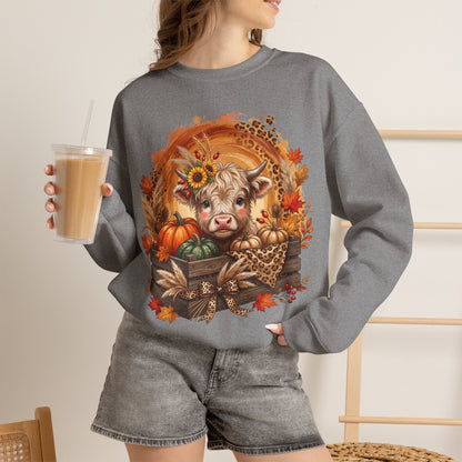 Fall Cow Crewneck Sweatshirt — Autumn Harvest Pumpkins & Sunflower Graphic