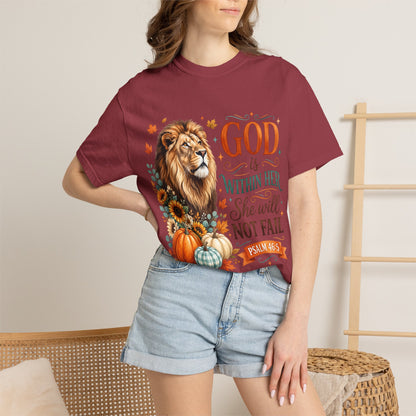 Christian Lion & Fall Pumpkins T-Shirt — "God Is Within Her She Will Not Fail" (Psalm 46:5)