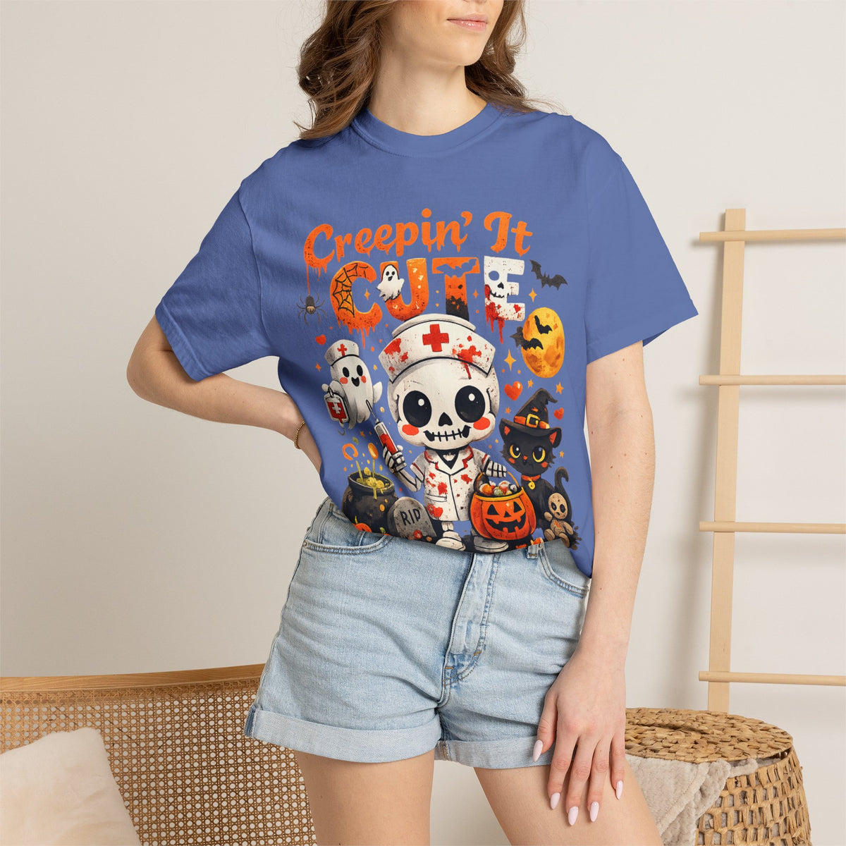 Creepin' It Cute Halloween T-Shirt — Trick or Treat Skeleton & Black Cat Tee