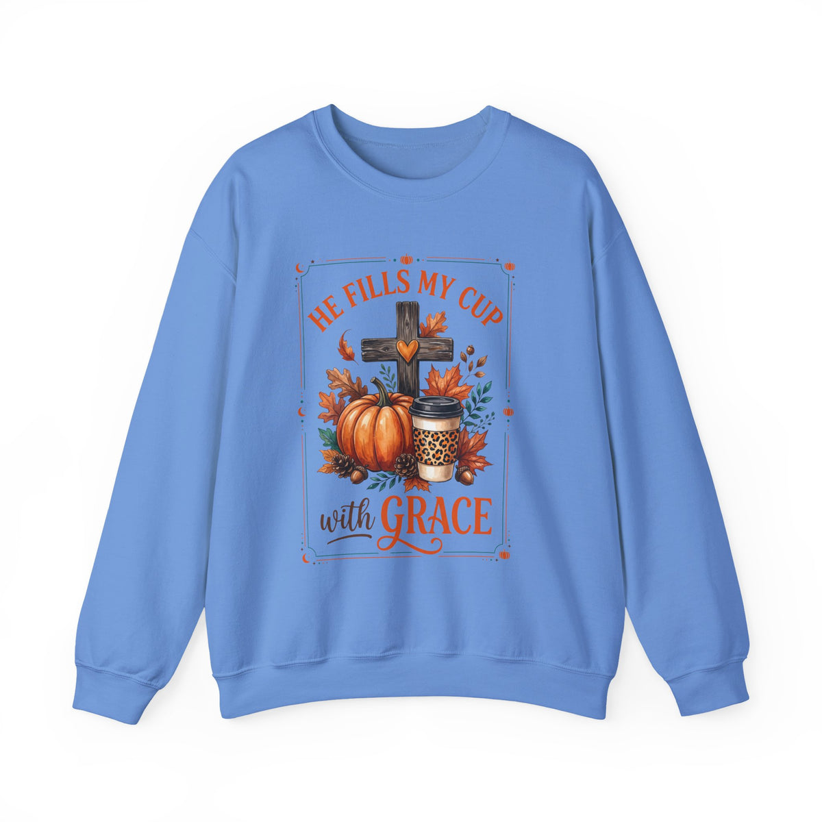 Grace-Filled Autumn Sweatshirt — "He Fills My Cup with Grace" Fall Christian Crewneck