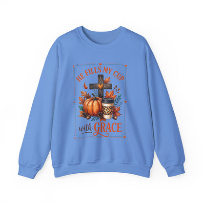 Grace-Filled Autumn Sweatshirt — "He Fills My Cup with Grace" Fall Christian Crewneck