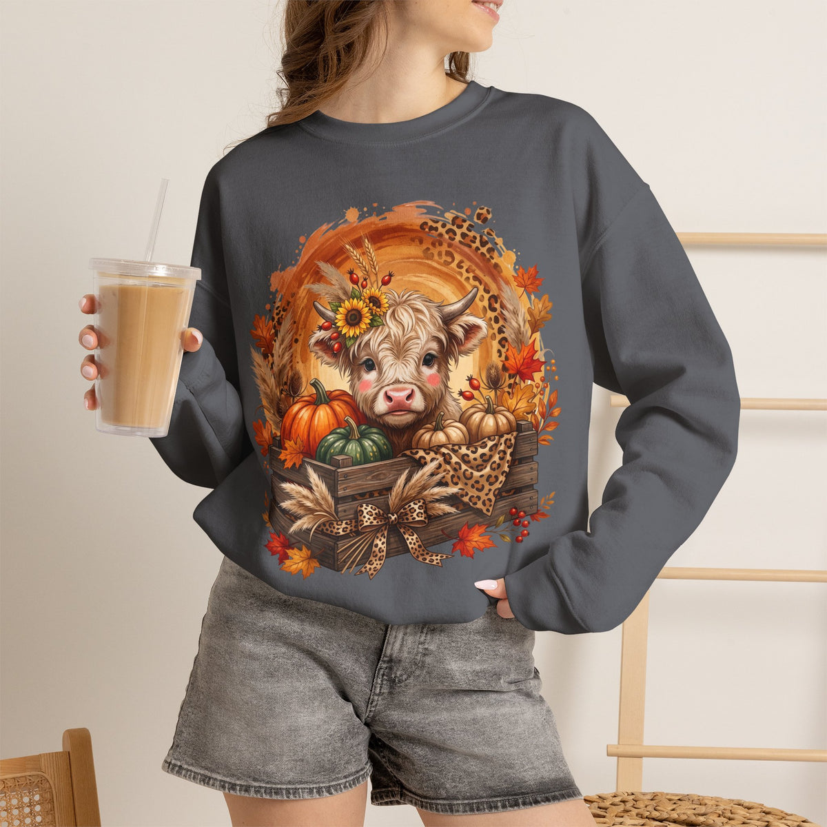 Fall Cow Crewneck Sweatshirt — Autumn Harvest Pumpkins & Sunflower Graphic