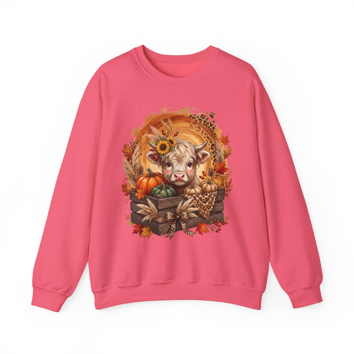 Fall Cow Crewneck Sweatshirt — Autumn Harvest Pumpkins & Sunflower Graphic