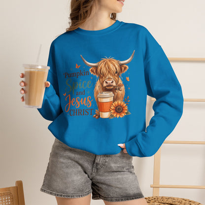 Crewneck Sweatshirt — Pumpkin Spice and Jesus Christ Highland Cow Fall Graphic