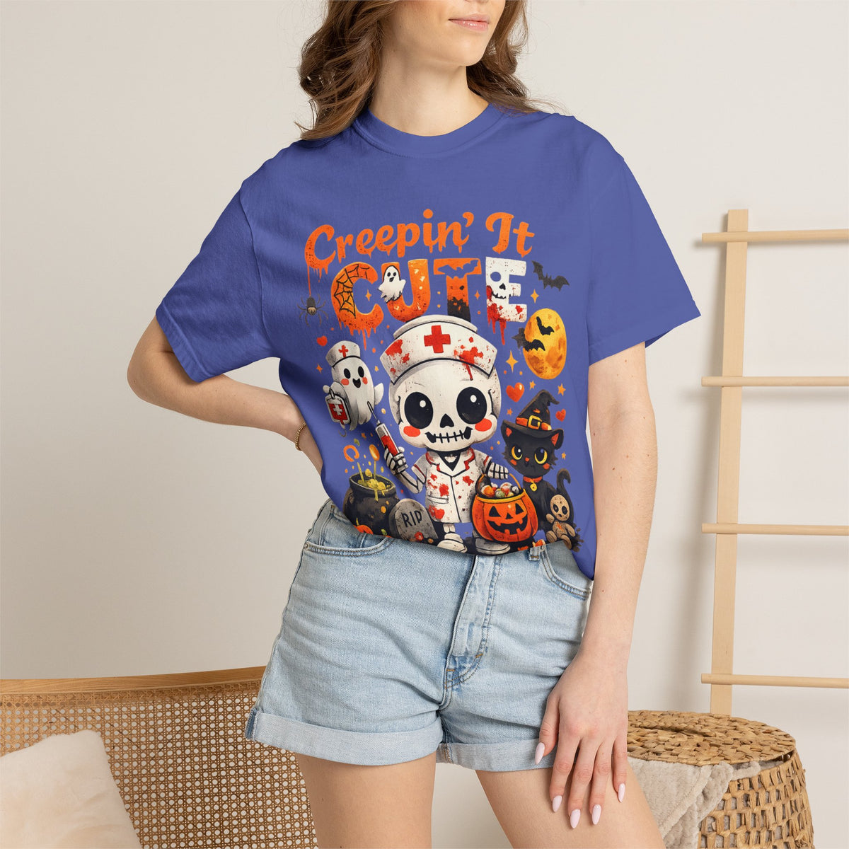 Creepin' It Cute Halloween T-Shirt — Trick or Treat Skeleton & Black Cat Tee
