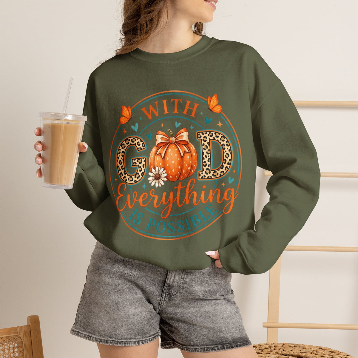 Christian Fall Sweatshirt - "With God Everything Is Possible" Pumpkin Crewneck
