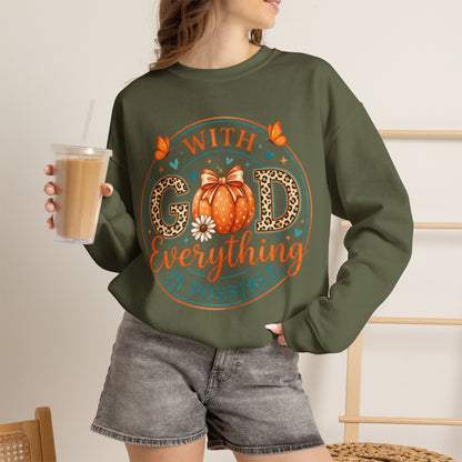 Christian Fall Sweatshirt - "With God Everything Is Possible" Pumpkin Crewneck