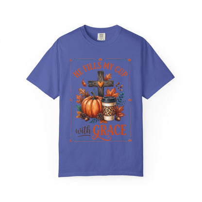 He Fills My Cup With Grace Tee — Christian Fall Pumpkin Cross Coffee Shirt