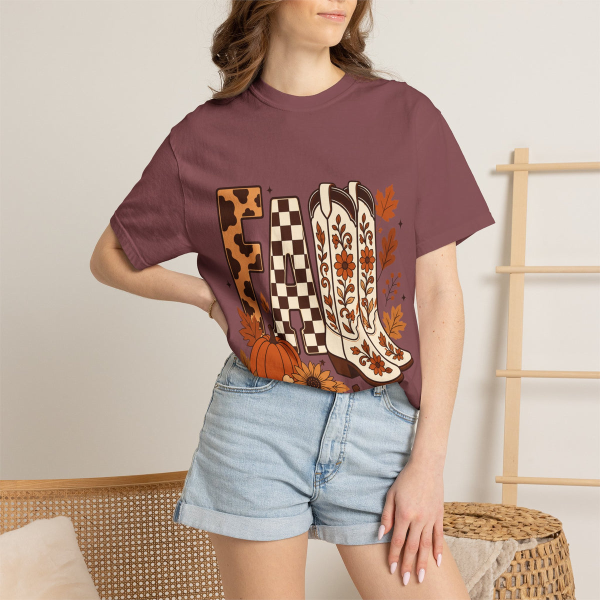 Fall Cowboy Boots T-Shirt — Pumpkin, Leaves & Floral Autumn Graphic Tee