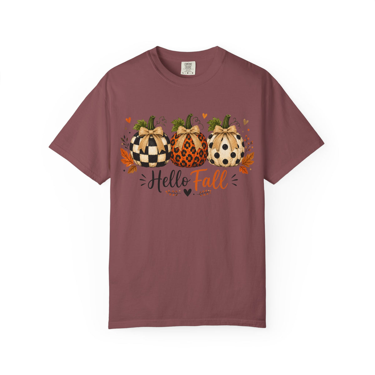 Hello Fall Pumpkin T-Shirt — Rustic Buffalo Check & Leopard Pumpkins, Autumn Graphic Tee