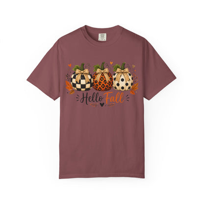 Hello Fall Pumpkin T-Shirt — Rustic Buffalo Check & Leopard Pumpkins, Autumn Graphic Tee