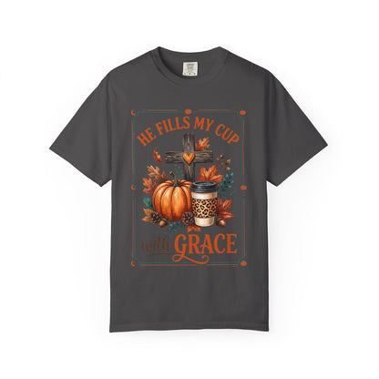 He Fills My Cup With Grace Tee — Christian Fall Pumpkin Cross Coffee Shirt