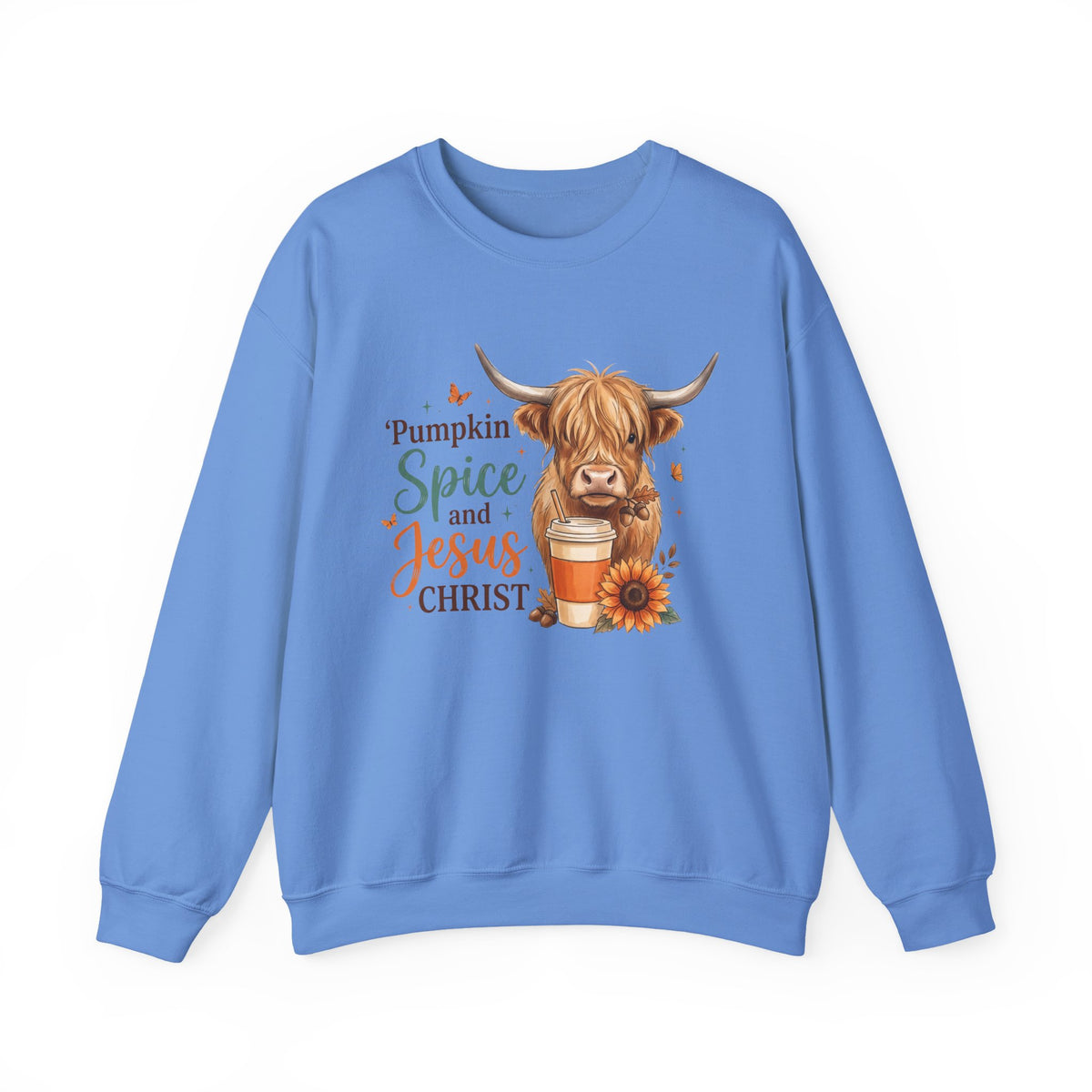 Crewneck Sweatshirt — Pumpkin Spice and Jesus Christ Highland Cow Fall Graphic