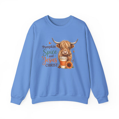 Crewneck Sweatshirt — Pumpkin Spice and Jesus Christ Highland Cow Fall Graphic