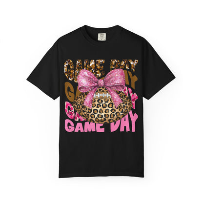 Game Day Leopard Football T-Shirt — Pink Bow Tailgate Tee for Women & Fans
