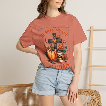 He Fills My Cup With Grace Tee — Christian Fall Pumpkin Cross Coffee Shirt