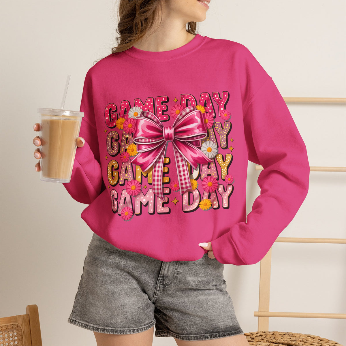 Game Day Bow Sweatshirt — Pink Cheer Graphic Crewneck