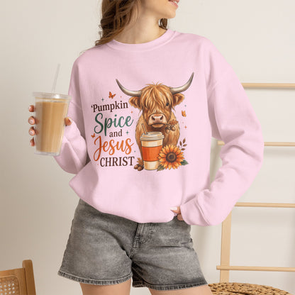 Crewneck Sweatshirt — Pumpkin Spice and Jesus Christ Highland Cow Fall Graphic