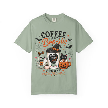 Coffee Is My Boo-stie Halloween Tee — Spooky But Caffeinated Cat & Pumpkin Design