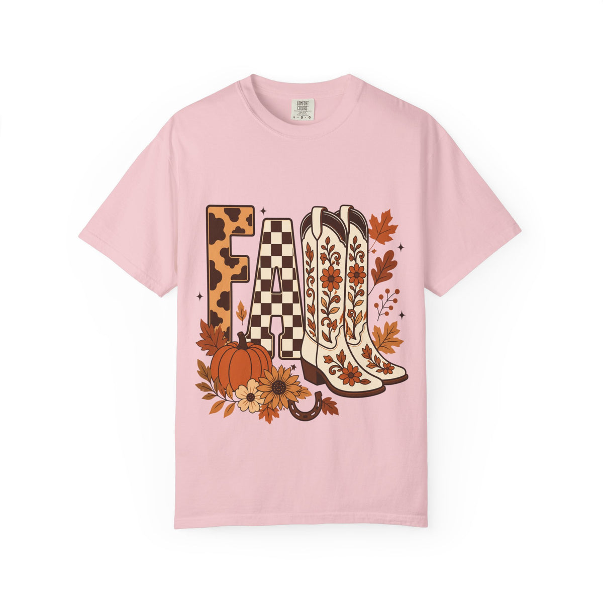 Fall Cowboy Boots T-Shirt — Pumpkin, Leaves & Floral Autumn Graphic Tee
