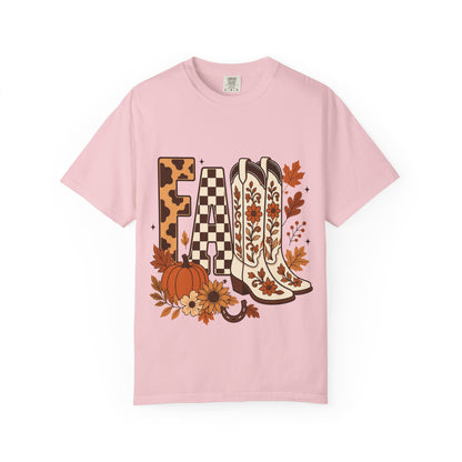 Fall Cowboy Boots T-Shirt — Pumpkin, Leaves & Floral Autumn Graphic Tee