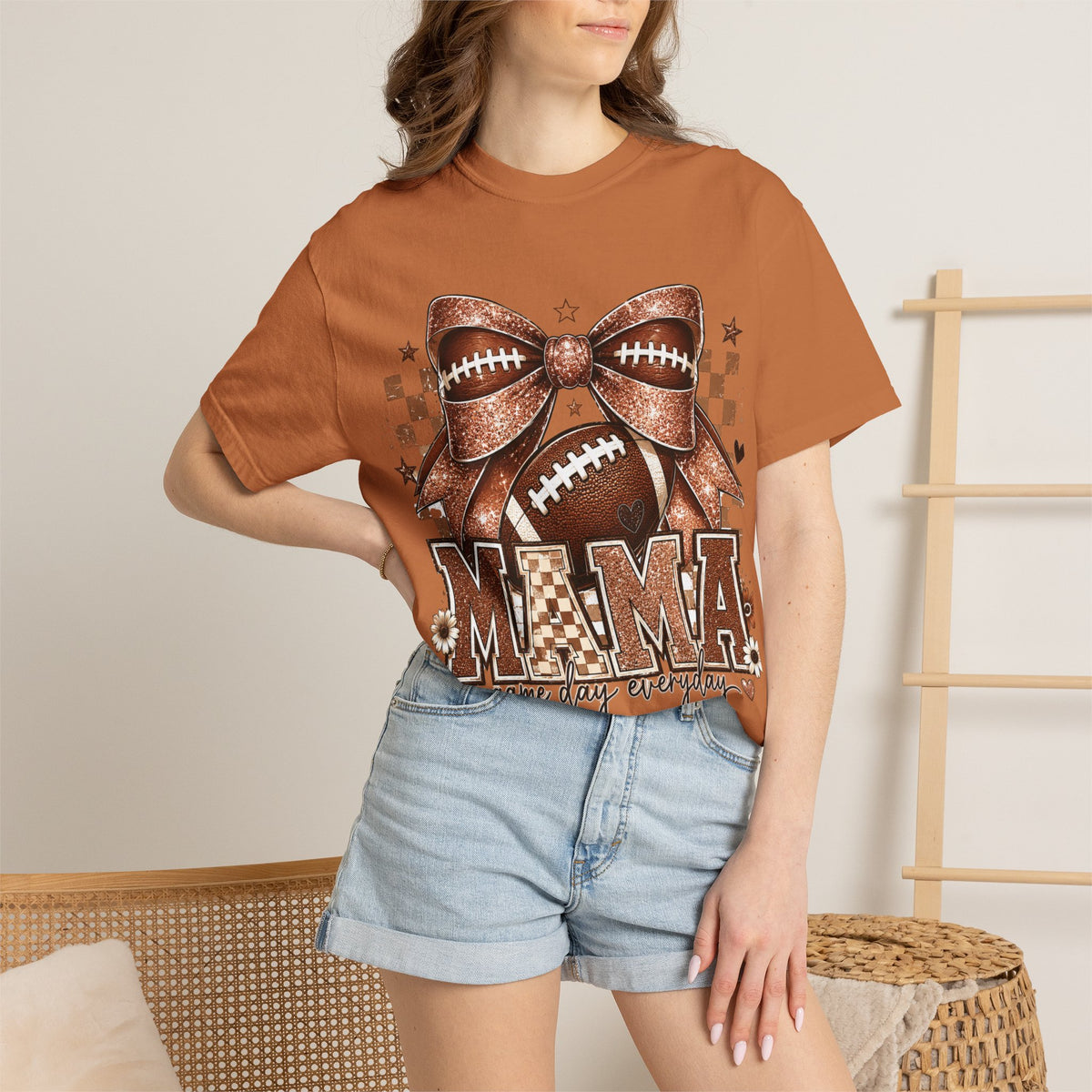 Mama Football Mom T-Shirt — "Mama" Glitter Bow Game Day Tee