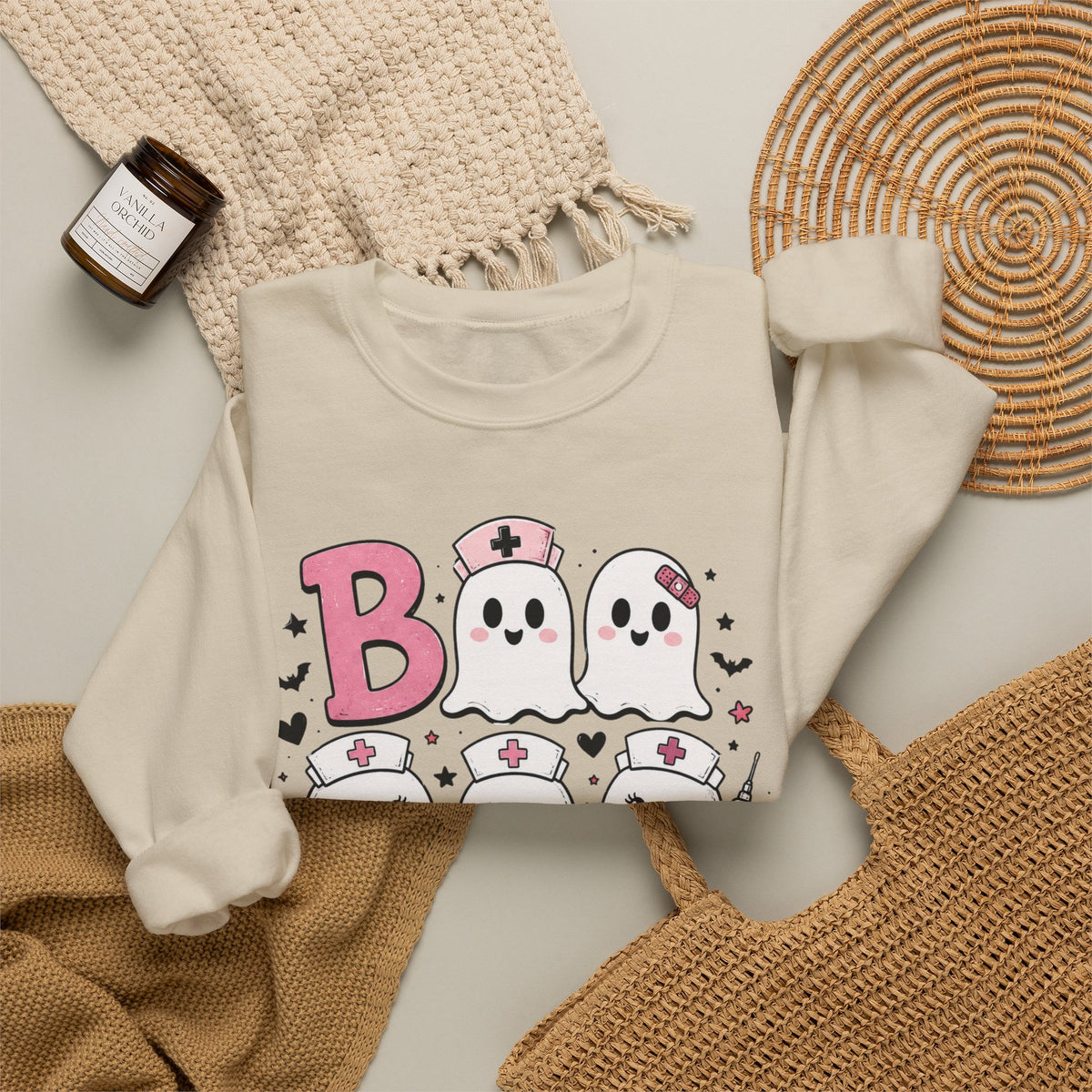 Boo Crew Sweatshirt — Cute Pink Ghost Nurse Halloween Crewneck